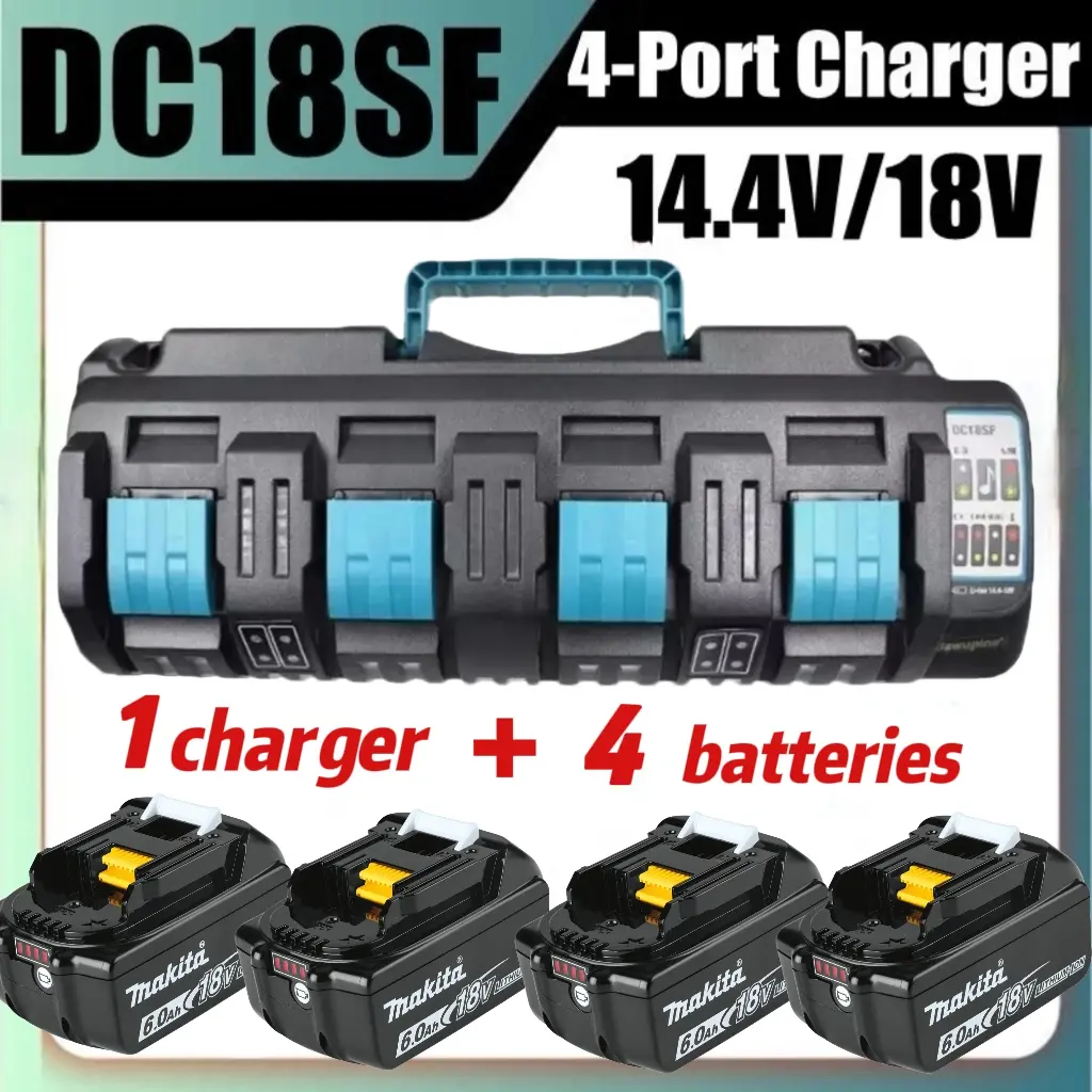 Makita LXT Lithium-Ion 4-In-1 Charger + 4x 6.0Ah Batteries Kit (DC18SF Model), 100V-240V Compatibility, Fits 14.4V-18V Batteries (BL1830, BL1860, 1840), LED Indicator, USB Light, Carrying Handle, High-Quality