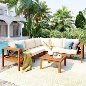Aobtkel®GO 4 Pieces Outdoor Acacia Wood Sofa Set, Woven Mesh Armrests, L-Shaped Patio Furniture Sofa Set with Coffee Table, Outdoor Conversation Set with Beige Cushions and Side Table, Teak Color Look#Summervibes