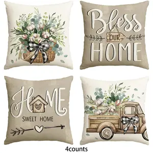 4 Piece Set Sweet Home Farmhouse Style Pillow Covers, Eucalyptus Leaf Design, Truck Seat Cushion Cover Decor, Cozy Living Room Accessories, Home Textile