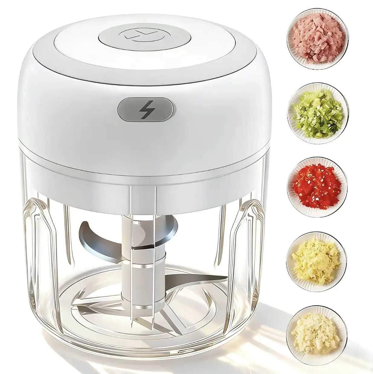 Portable Mini Food Chopper, Multifunctional Kitchen Cutter, USB Rechargeable Electric Garlic Mincer, Small Food Processor. It can chop ginger, chili, fruits, onions, tomatoes and more, perfect for making baby food and seasonings.