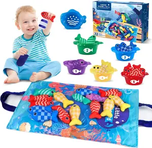 Montessori Fishing Game for Toddlers 1-3 Cloth Fishing Toys with Stacking Cups Educational Learning Toys for Number Counting Color Sorting Baby Sensory Toy for 6-12 Months Baby Gifts summerwins