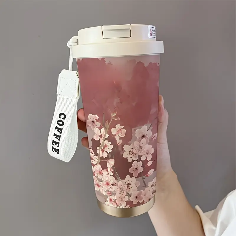 18oz (530ml) Cherry Print Vacuum Insulated Tumbler Cup - Flask with Leak-Proof Lid, Included Straw, Portable, Tumbler Shape, Traditional Look, for Hot/Cold Beverages, Valentine's Day Gift, Office Use