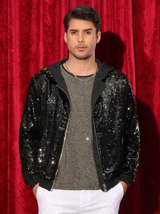 INSPIRE CHIC Men's Long Sleeves Zip Up Flip-Sequin Sparkle Metallic Hoodie Sequins Jacket