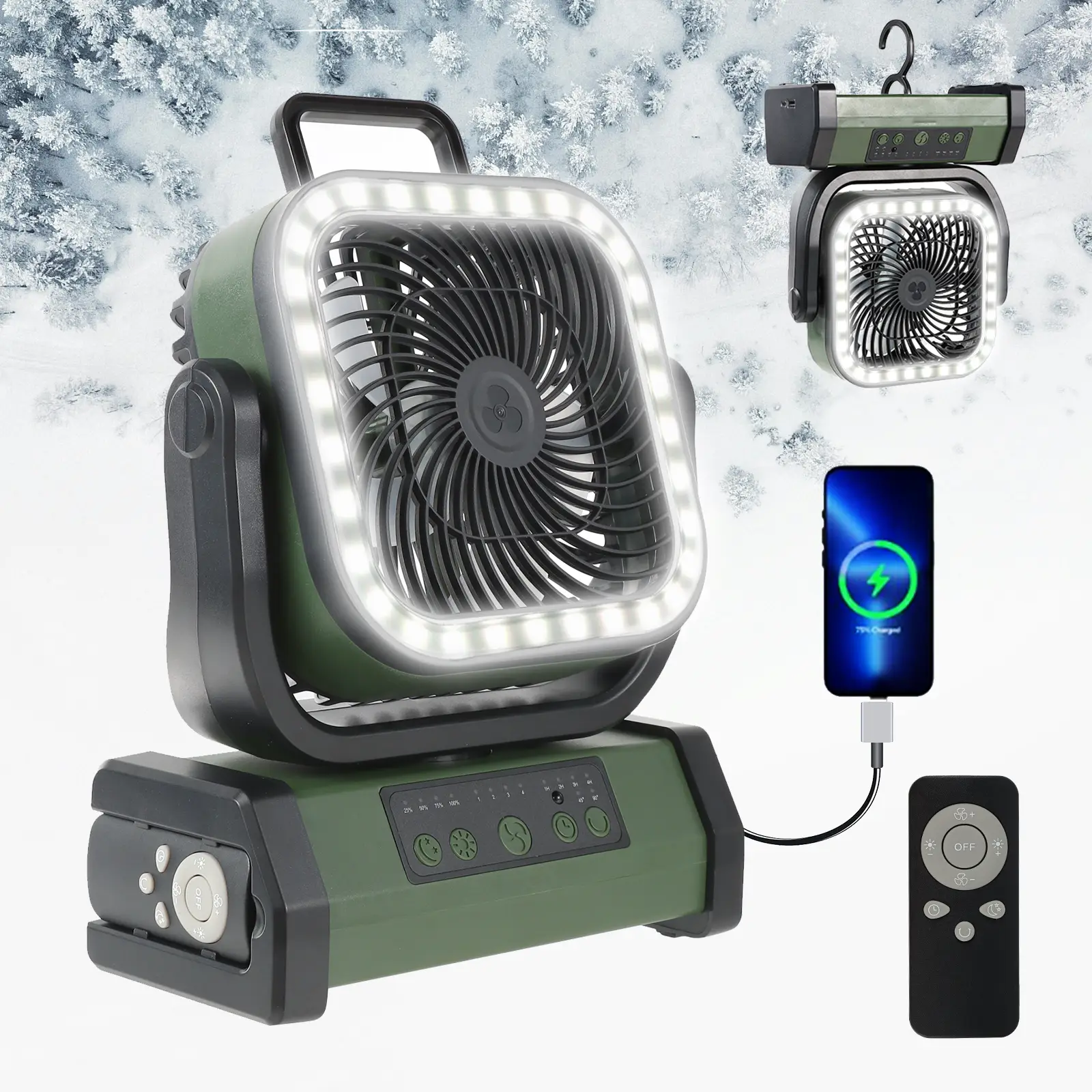 Multifunction Rechargeable portable fan with LED Light & 20000mAh Power Bank for camping- Automatic shaking.USB. Orange/Green-20000Mah/10000mAh.