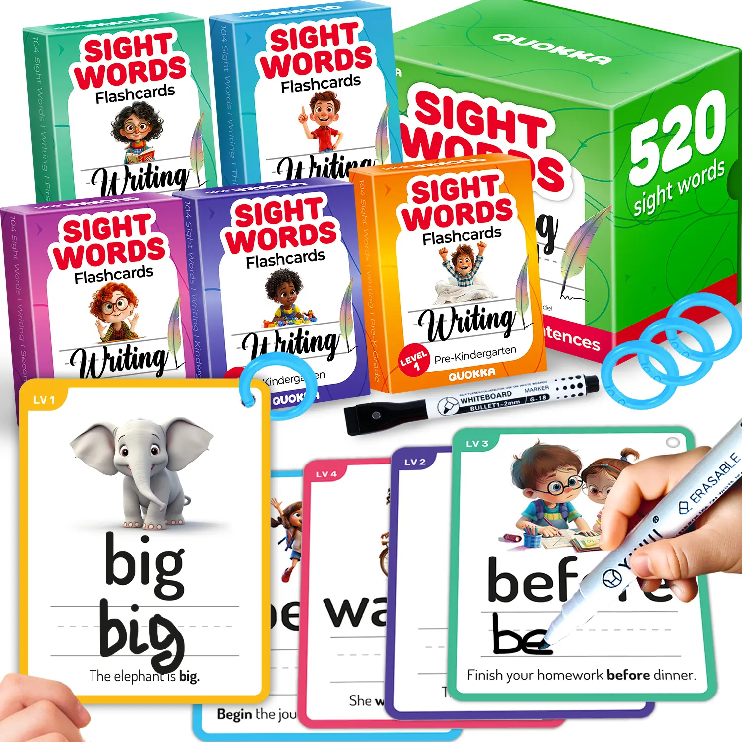 QUOKKA Sight Word Flashcards for Kids - 520 Reusable Plastic Educational 5-Level Set, Flashcards for Studying & Vocabulary Building Tool, Vocabulary Flashcards Set