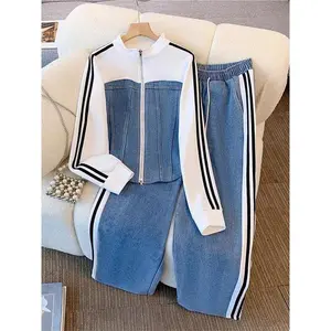 Women Preppy Style Patchwork Contrast Denim Sets Stand Collar Zipper Jackets Coats Elastic Jeans 2 Piece Suit Streetwear Comfort