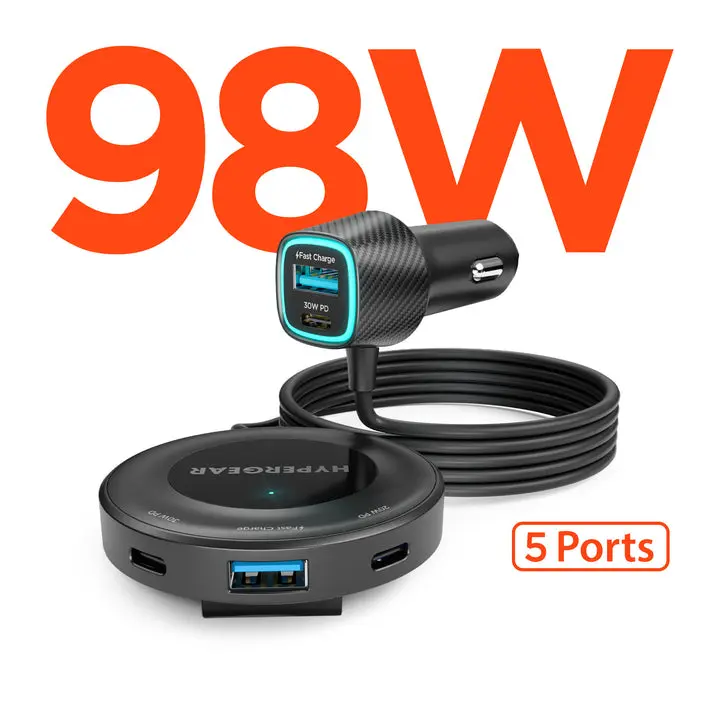 Road Runner 98W Output Fast Charging Car Charger, 5-Port Portable Compact Front & Backseat Charger with Dual 30W USB-C PD PPS | Black, Multi-Device