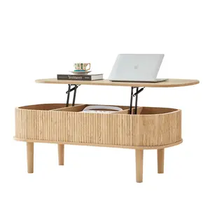 Giratree Fully Assembled Wooden Center Table, Fluted Lift Top Coffee Table with Hidden Compartment, Modern Oval Lift Tabletop for Home Living Room Office
