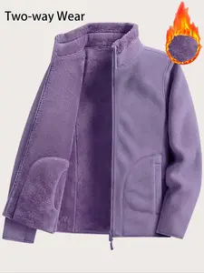 Women's Winter Reversible Fleece Jacket, Zipper Pockets, Fashionable Comfortable Polar Fleece Coat, Casual Wear for Cold Weather