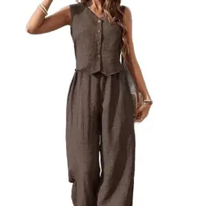 Women's 2 Piece Vest and Pants Set, Casual Button Down Waistcoat and Wide Leg Pants Matching Outfit