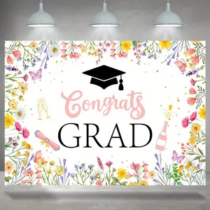 Wildflower Graduation Backdrop Banner - Watercolor Floral Design with "Congrats Grad" Text, Pink & Yellow Accents, Polyester Material, Perfect for Graduation Prom Party Photos & Decor, Photo Booth Background | Celebratory Design | Vibrant Print Quality