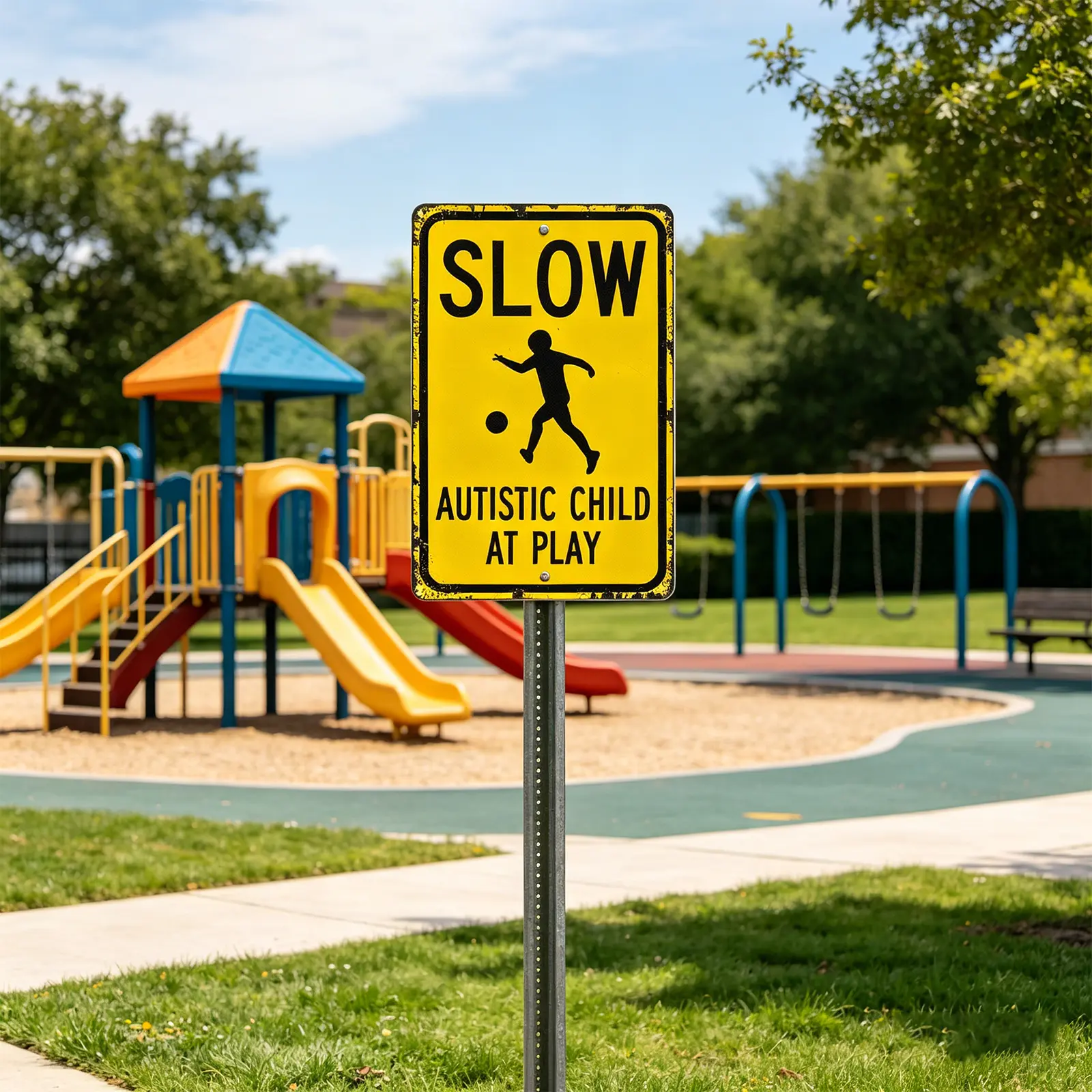 Slow Autistic Child At Play Metal Sign, 12x8 Inch Vintage Yellow Warning Sign, Outdoor Indoor Safety Aluminium Plaque for Driveway Fence Yard, Autism Awareness Gift for Parents Family Home Decor Products Home Decoration