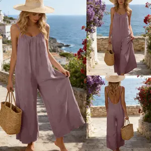 Mundoven Women's house Loose flowy Sleeveless Jumpsuits Adjustable Spaghetti Strap Stretchy Long Pant Romper Jumpsuit with Pockets