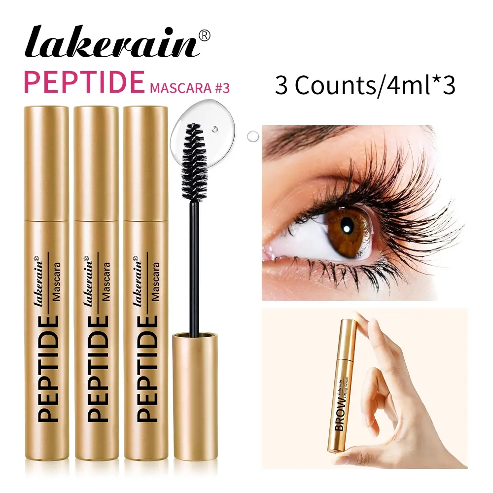 3 Counts Peptide Mascara, Lengthening & Volumizing Waterproof Mascara, Smudge-Proof, Clump-Free, Flake-Resistant Wear, Sweat for All-Day Fluttery Lashes, Eyelash Makeup, Cosmetic
