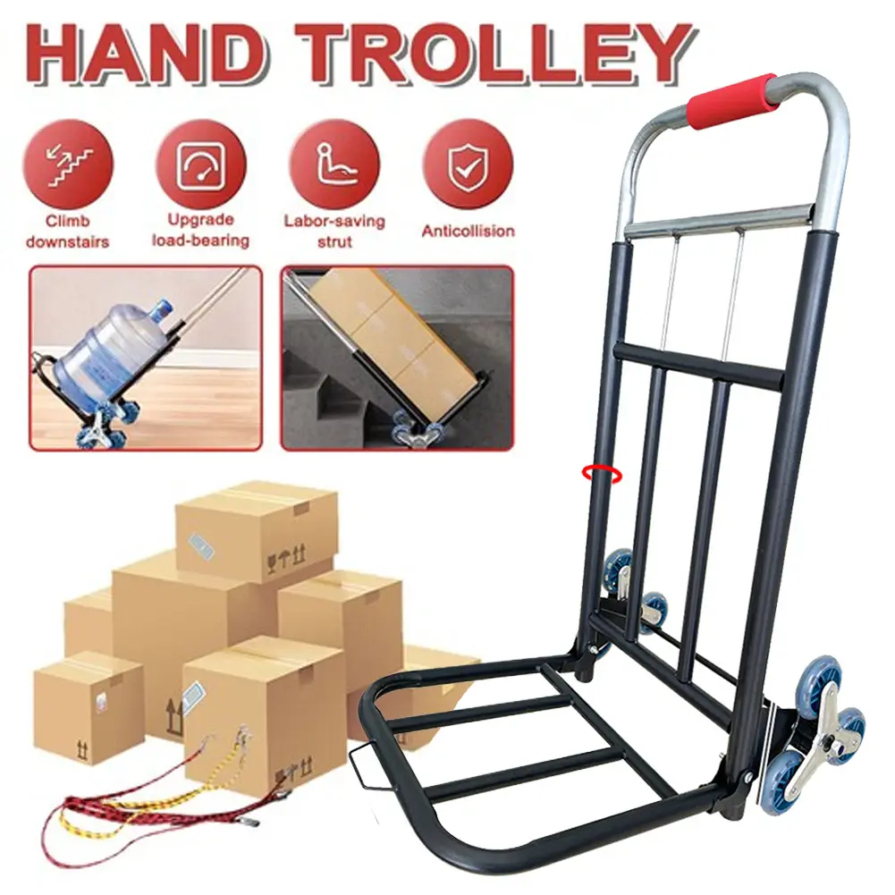 Stair Climbing Cart, 220 lbs Stair-Climbing Capacity, Portable Folding Trolley Cart with Telescoping Handle, Summervibes6 Wheels and 3 Bungee Cords, Stair Climber Dolly for Home, Groceries, Warehouse，Space-saving Design