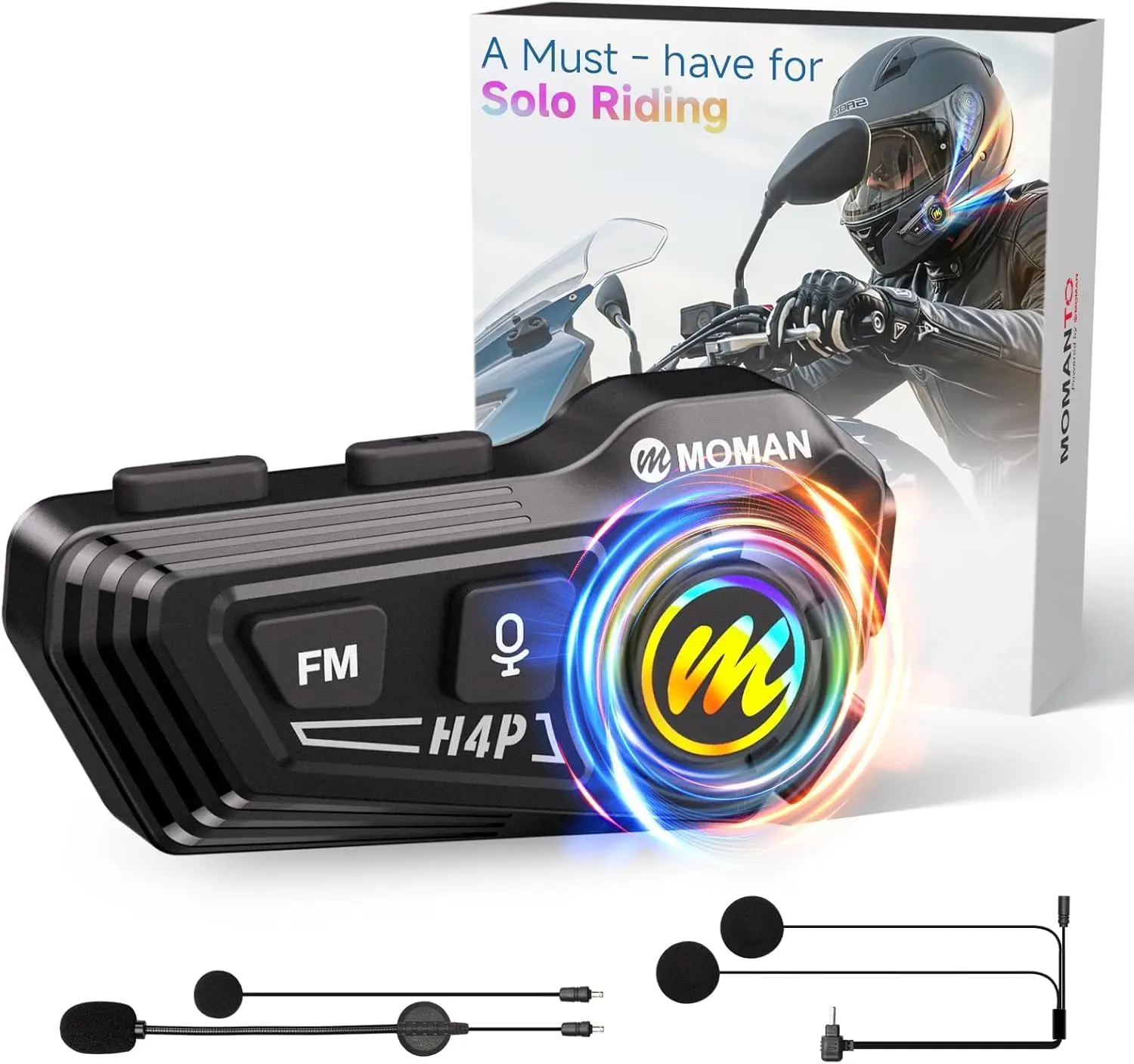 Moman H4P Motorcycle Helmet Headset, Wireless 5.1 Hi-Fi Speakers, Noise Reduction, RGB Light, FM Radio for Single Use - Moto Accessories