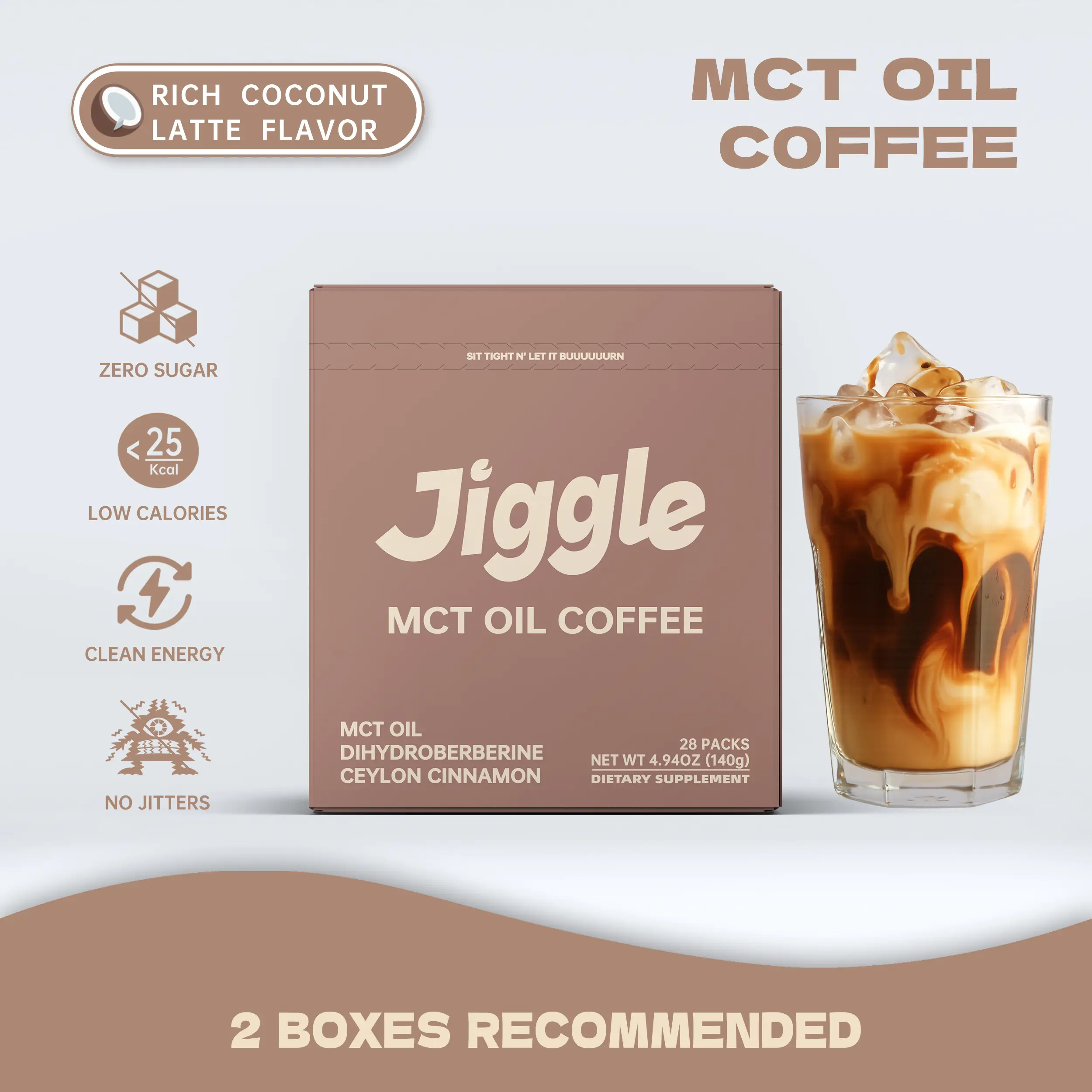 Jiggle Energy Adaptogens Coffee | Protein Energy Drinks | Coconut Latte Flavor | No Sugar No Jitters | 28 Packs On-the-Go Low Caffeine