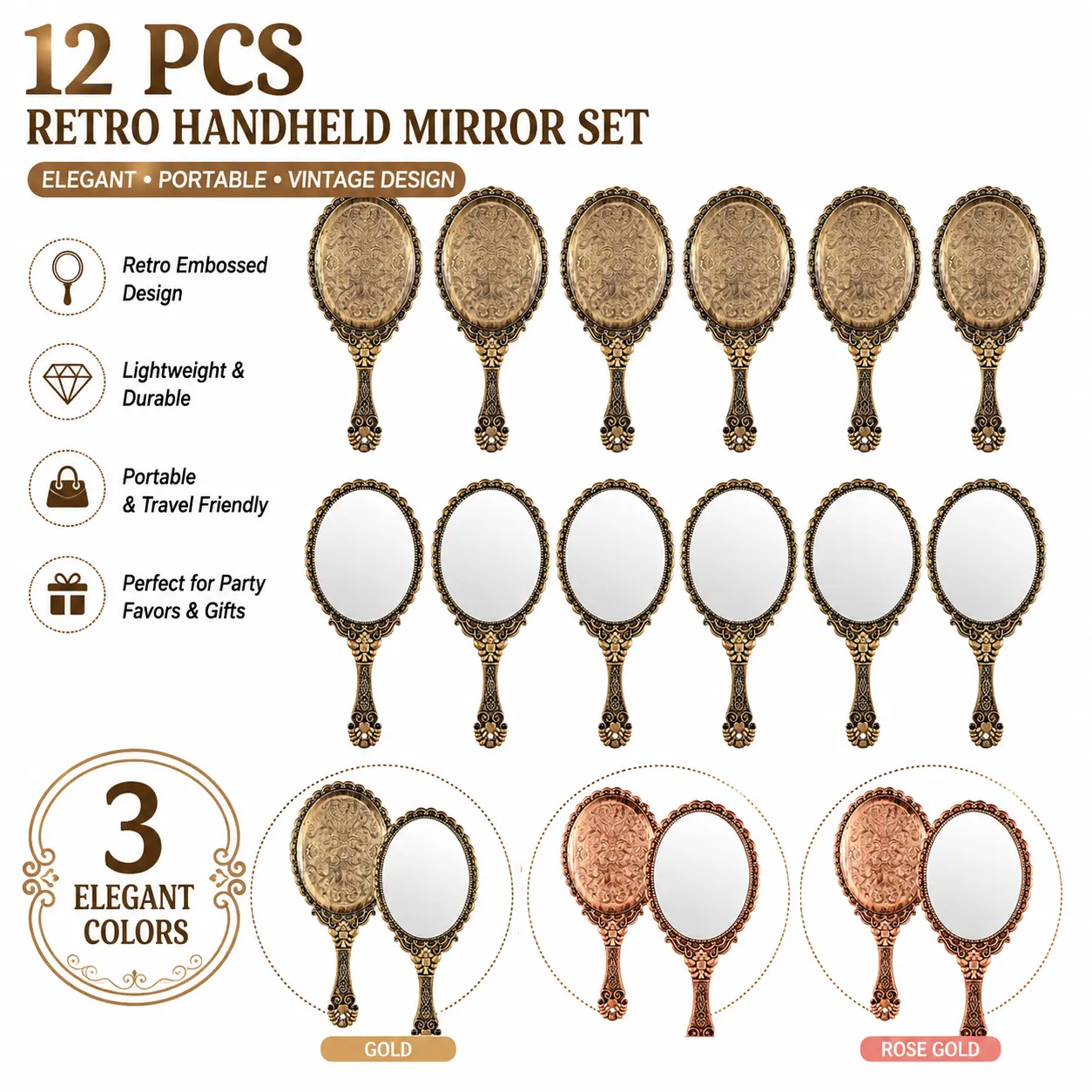 12 Pcs 9.8" Retro Handheld Mirror Set – Embossed Plastic Vanity Hand Mirror with Handle, Portable Travel Makeup Mirror for Party Favors, Classroom, Girls (Gold/Silver/Rose Gold, Oval)