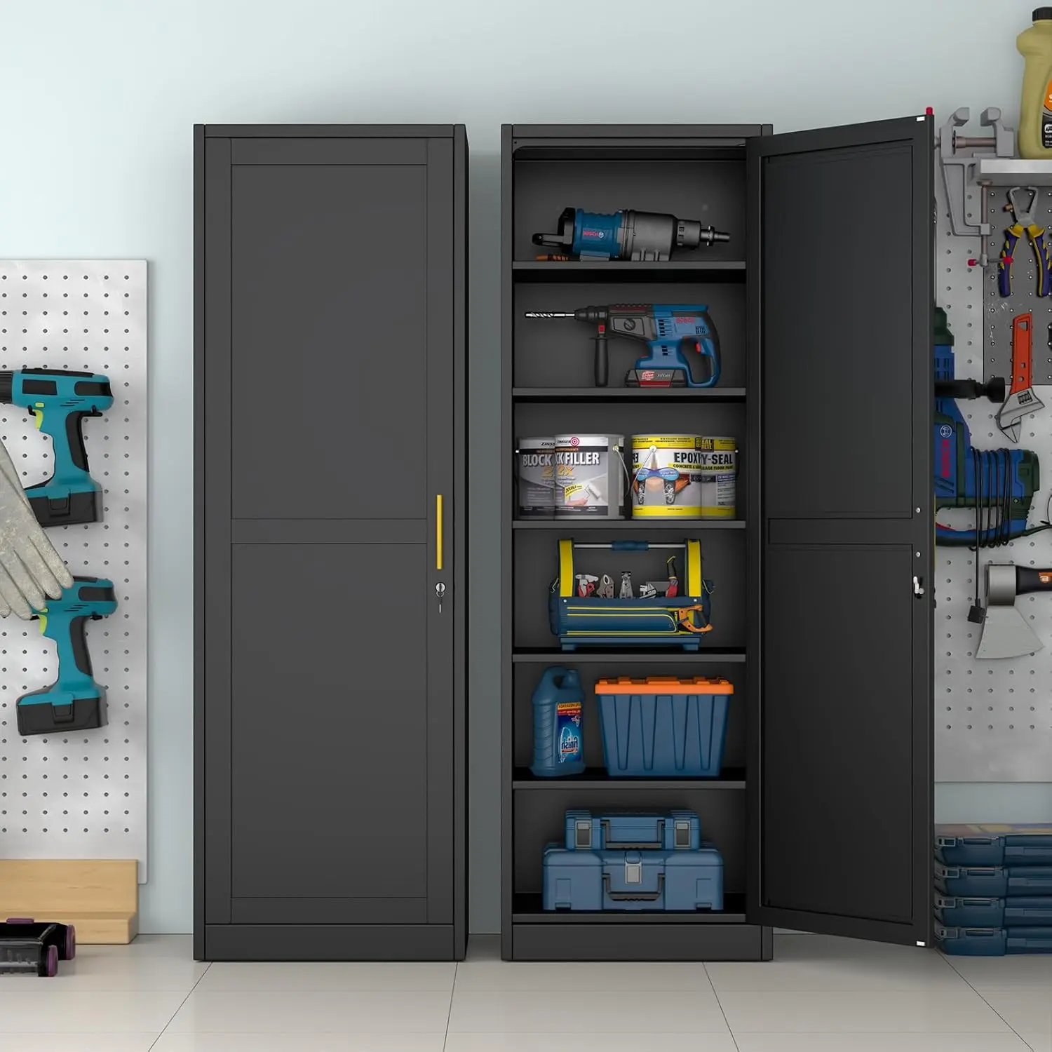 67-in Tall Lockable Metal Locker Cabinet - Freestanding, Heavy-Duty, Custom-Assembled, Floor-Mounted, Narrow Indoor Cupboard (Over 25 kg) with Built-In Lock, Adjustable Storage, Bath Storage Solutions for Small Kitchen, Living Room