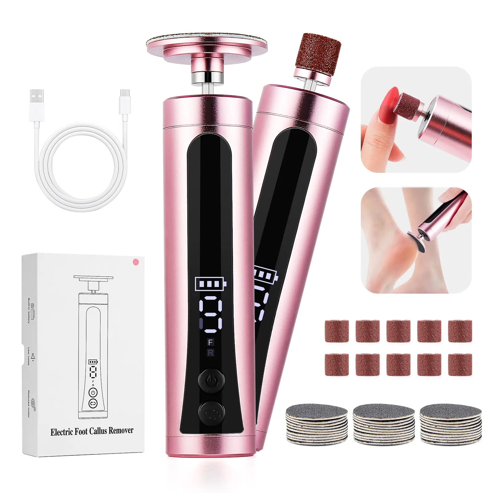 Electric foot grinder 10 Bits & 30 Sanding Papers Rechargeable, Portable Callus Remover & Nail Grinder Aluminium Manicure nail drill Pedicure Kit Pedicure Tool, Callus Removal, Home Spa