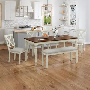 【Ships in 2 Boxes】[Brandday][Memorialday] AMERLIFE 6-Piece 71" Solid Wood Dining Table Set, Large Dining Table with 4 Upholstered Chairs & 1 Long Bench, for Dining Room, Kitchen, Brown & Cream
