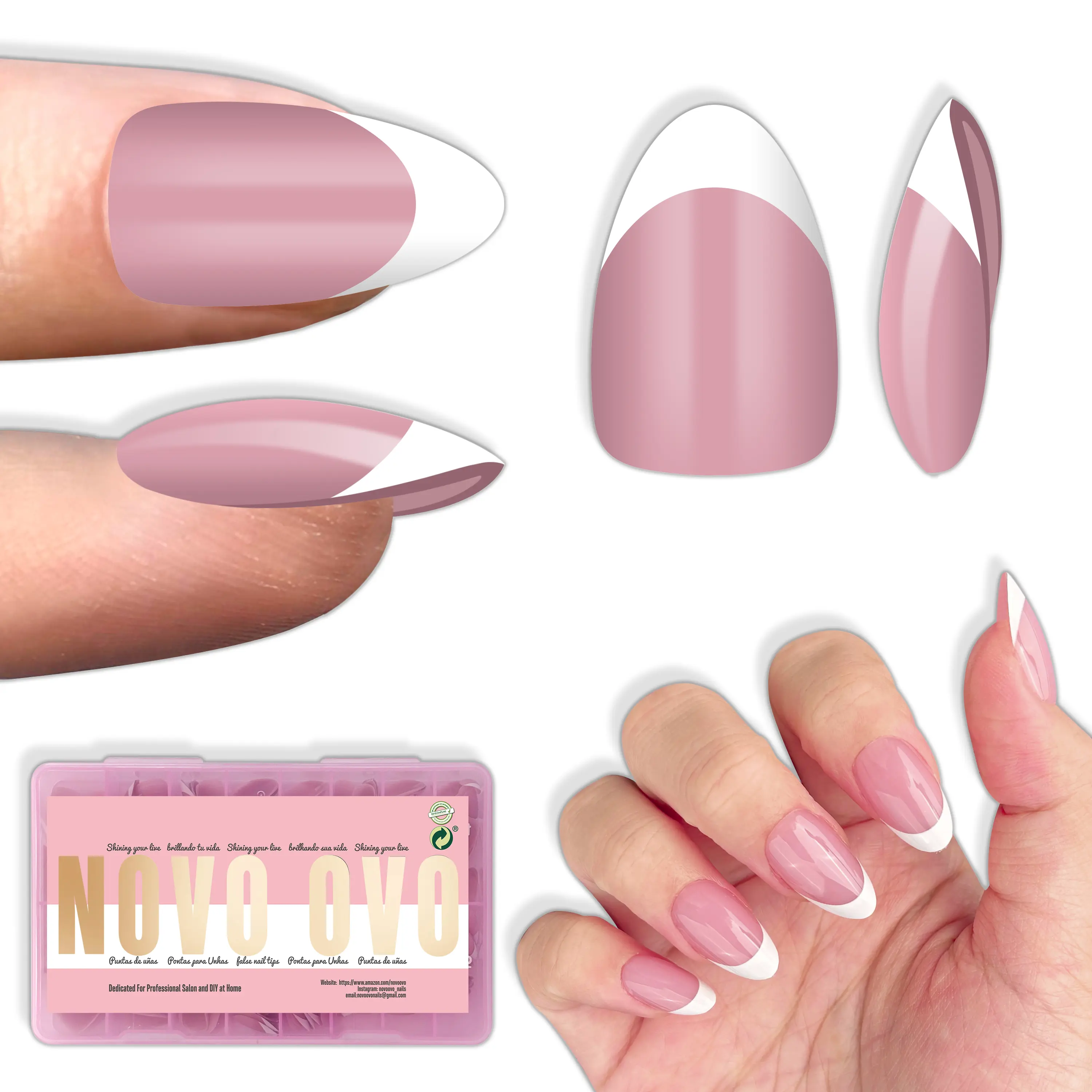 Almond Short White French Tip Berry Pink