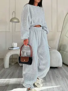 Women's Fashion Casual Two-Piece Set, Chic Round Neck Long Sleeve Sweatshirt & Elastic Waist Pants with Side Pockets, Spring & Fall