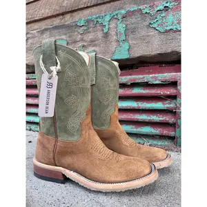 Anderson Bean Men's Tan Indian Rough Out & Sage Waxy Kudu 10” Top Square Toe Cowboy Boots 339592