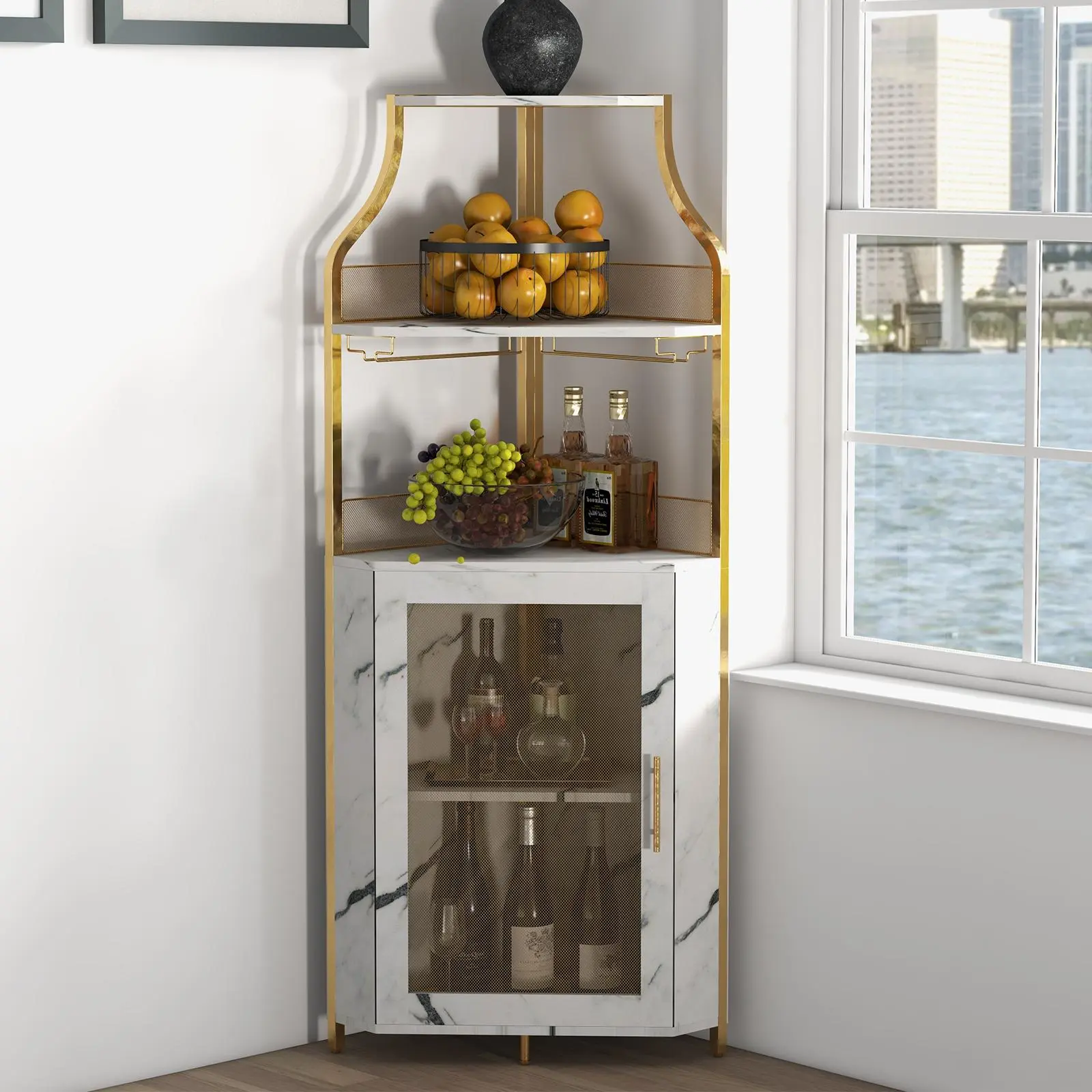 Summervibes Flash Sale Home Items: Hot Industrial Corner Bar Cabinet | LED Lighting | Detachable Wine Rack & Glass Holder | Adjustable Shelves & Glass Doors | Tall Liquor/Wine Storage Easy Install Grey/Rustic Brown Perfect for Dining Room