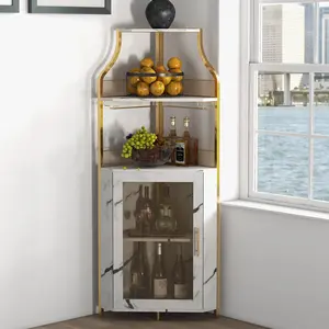 Flash sale home items Industrial Corner Bar Cabinet – Detachable Wine Rack, Glass Holder, Adjustable Shelves, Glass Doors – Multipurpose Tall Liquor and Wine Storage for Dining Room – Grey or Rustic Brown with Light