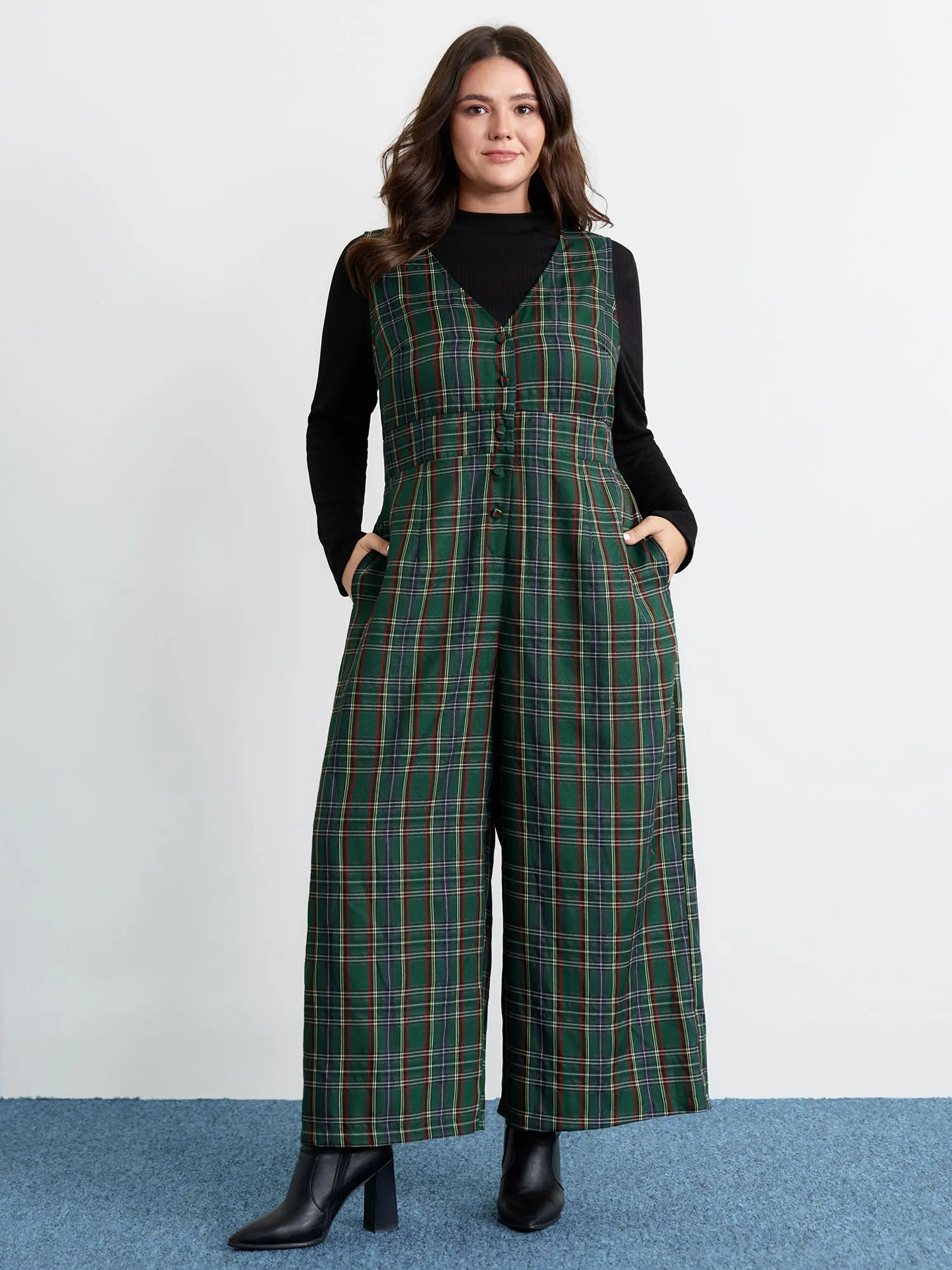 BloomChic Plus Size Plaid Overalls, Sleeveless V-Neck Garment with Straight-Leg Fit, Casual Smooth Polyester with Pocket, Plus Size Fashion, Low Iron, Machine Washable