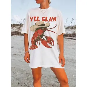 Cowboy Crawfish Vintage Oversized Graphic T-Shirt Beachwear Summer Vacation Western Style Funny Lobster Tee Casual Streetwear Coastal Aesthetic Soft Trendy Outfit Women Holiday Fashion Cute Graphic Tee Comfortable Loose Fit Summer Top Beach Outfit Street