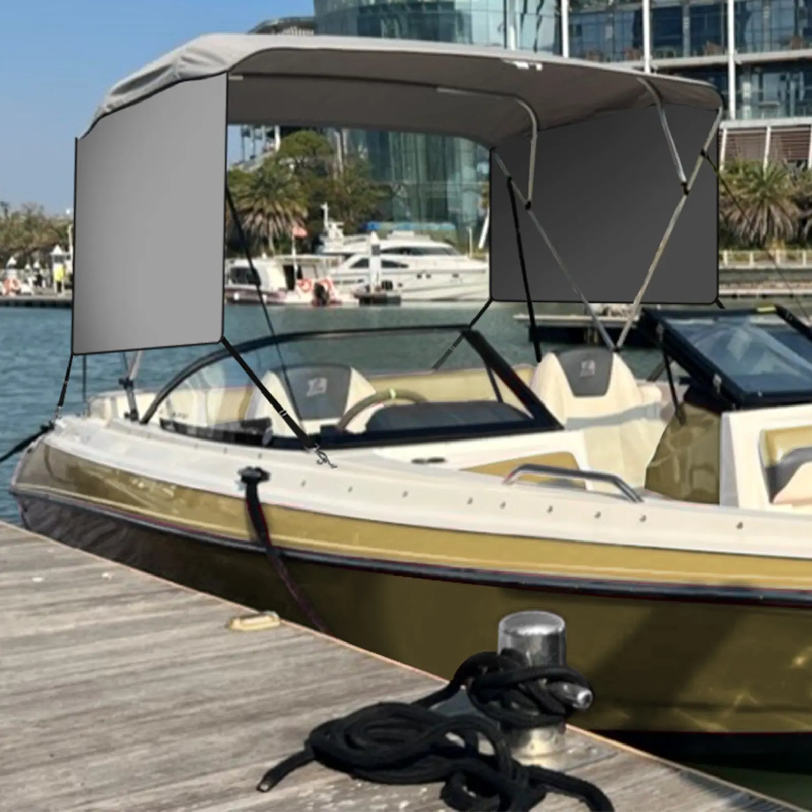 OP-4 Bow Marine Bimini Top with Zippered Side Curtains, PU-Coated Canvas & 1″ Aluminum Frame, Includes 2 Straps & 2 Rear Support Poles ((67–72″, 73–78″, 79–84″, 85–90″, 91–96″), Gray)