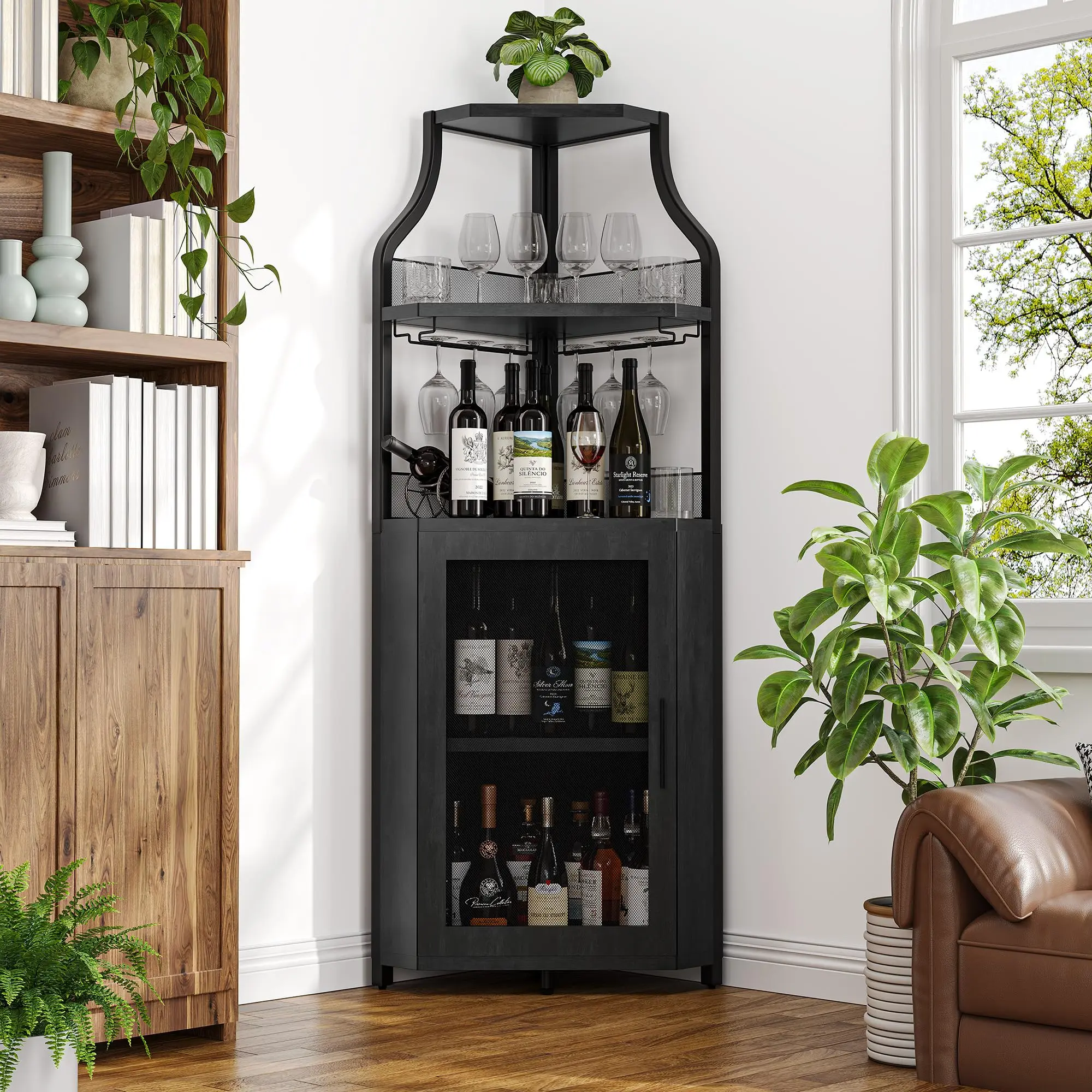 Rustic Buffet Cabinet - Dual-Functional Ergonomic Height Adjustable Corner Home Bar Furniture, Floor-Mounted Freestanding Flat Top, Barn Door, Mesh Doors, Detachable Wine Grid, Flexible Multi-Compartment Bar Decor