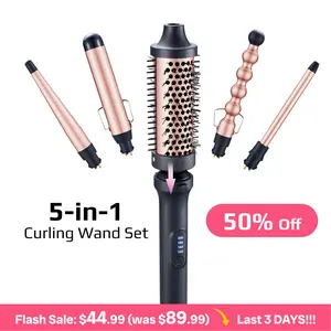 Multi-Curl 5-in-1 Ceramic Curling Wand Set,Thermal Brush and 4 Interchangeable Ceramic Wand,Fast Heat Up ,Tapered & Bubble Curling Wand, Instant Heat Curling Iron, Blowout round Brush,Loose Waves, Tight Curls, Volume, Bangs,Curling Iron, Smooth look