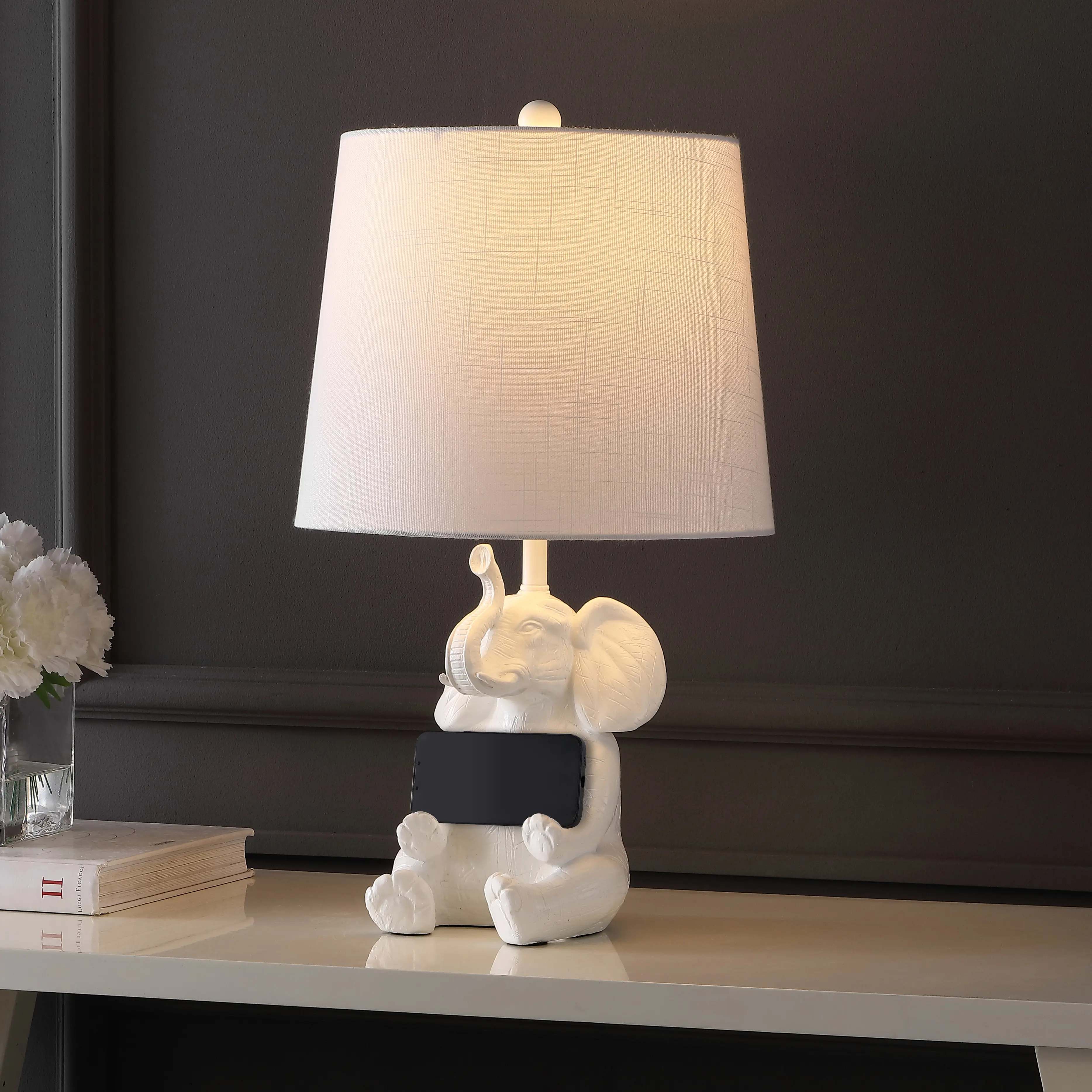 JONATHAN Y Kairi Modern Shabby Chic Resin/Iron Happy Elephant LED Kids' Table Lamp with Phone Stand , for bedroom, living room, foyer, hallways, dining room, dorms