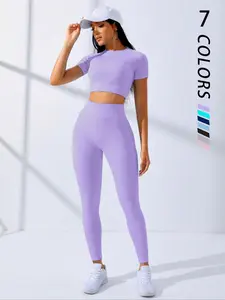 Two-piece Set Women's Solid Crop Top & High Waist Leggings Tracksuit Set, Sporty Breathable Comfy Sportswear Set for Yoga Gym Workout Running, Ladies Summer Sportswear Workout Running Clothes, Fitness Outfit