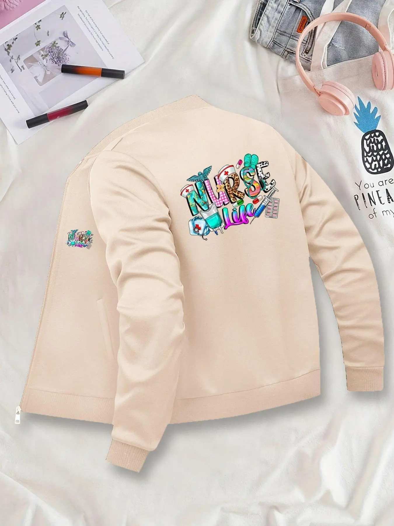 Women's Nurse Jacket, Long Sleeve Casual Sporty Graphic Zipper Baseball Cardigan, Fitted Medium Fabric, All Season Wear, Unique Design for Daily & Formal Events, Coats, Outerwear, Womenswear