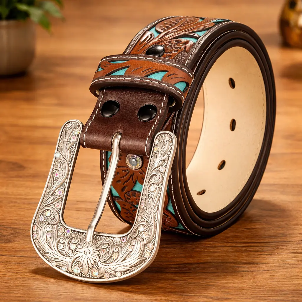 Unisex Vintage Western Feather Design Belt - Western Accessories, Statement Buckle Street Style Waistband for Everyday Cowboy Wear