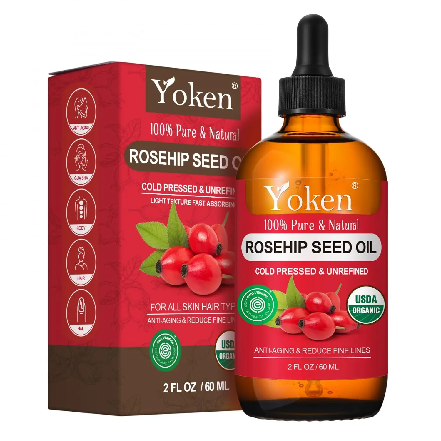 Yoken Organic Rosehip Seed Oil for Face, 100% Pure and Natural Cold Pressed Unrefined Rosehip Oil Carrier for Skin, Hair & Nails - Lightweight, Fast-Absorbing Summervibes, Smooth, Vitamins, Body Care, Gentle, Cosmetics Oil