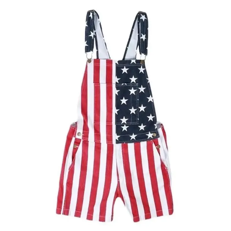 Men's and Women's American Flag Denim Overalls Stretch Shorts, Patriotic, Merica Menswear Suits Sleeveless, Parents' Day Romper Summer Menswear