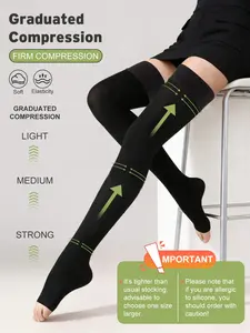 1Pair Black 20-30mmHg Compression Athletic Socks, Over-Knee Comfortable Elastic Toe-less Sleep Socks, Thin Nighttime Footwear, Daily Socks, Gift, Long-Distance Travel Socks, Stocking, Washable, Man, Women, Unisex