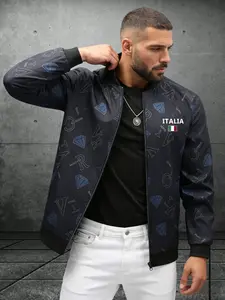 Men's Solid Patched Zip Up Sports Bomber Jacket, Regular Fit Casual Long Sleeve Baseball Collar Outerwear for Outdoor Activities, Fashion Men's Sports Clothes for All Seasons