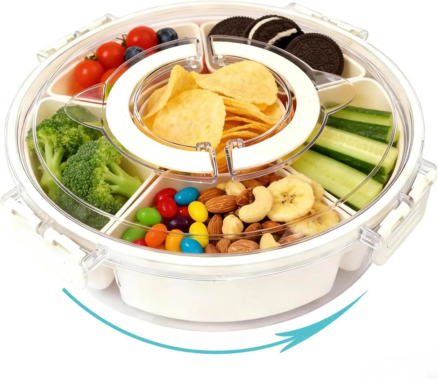 White Round Sturdy Leakproof Plastic Rotating Serving Tray Containers - 6-Compartment Locking Lid and Handle Food Storage for Fruits, Veggies, Party Use, On-the-Go & Fridge Stackable Portable Kitchen Gadget