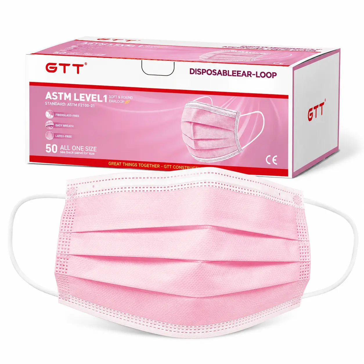 GTT Disposable 3-Ply Non-Woven Face Covering, ASTM Level 1 Medical Grade Mask, 50PCS/Box, Latex-Free Ear Loops, Irritation Prevention, Excellent Breathability, for Adults’ School, Casual, Work, Home Care Dust & Pollen Block