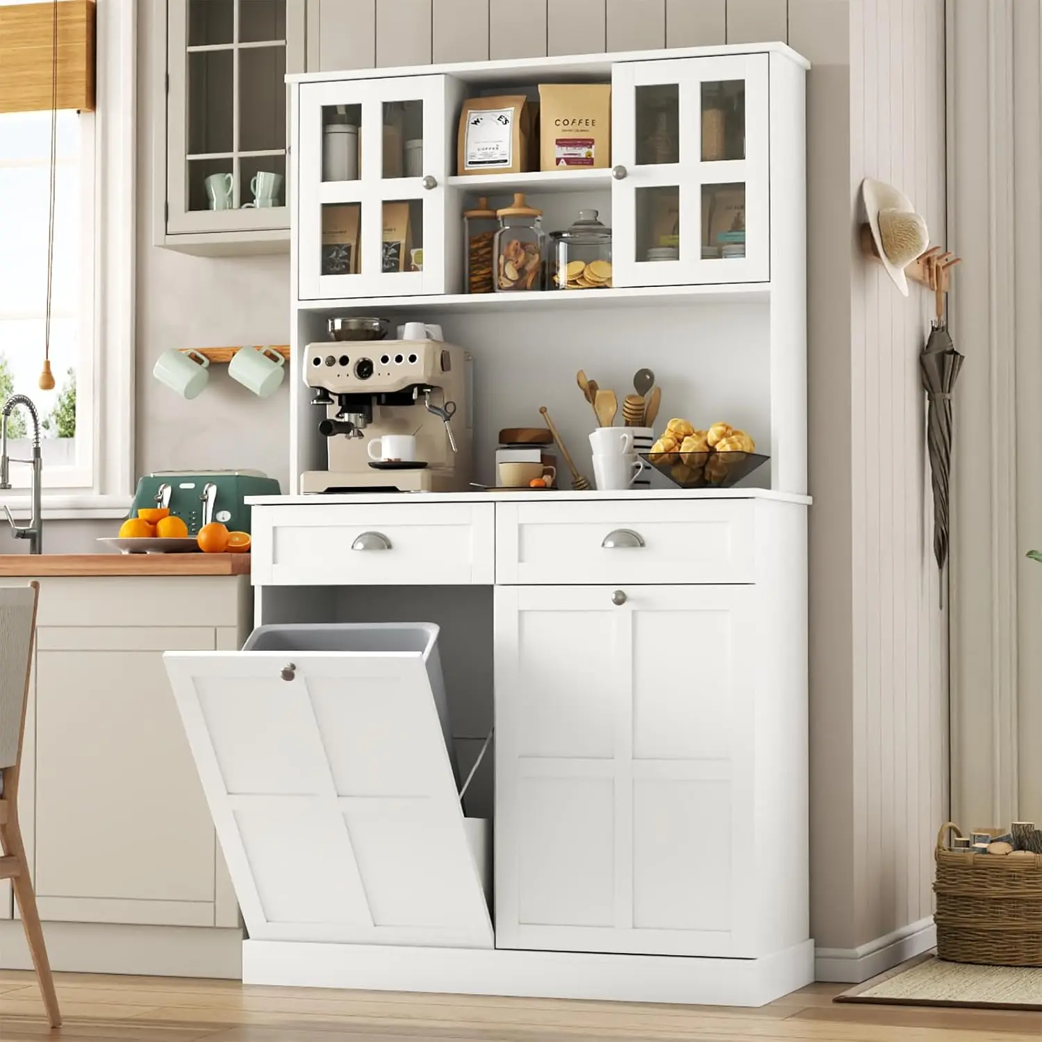 Gyfimoie Modern Sturdy MDF Board Kitchen Pantry Storage Cabinet with Tilt-Out Trash Can, Sliding Door, 68" Tall, 2 Drawers, 20 Gal Hidden Bin, Microwave Stand & Laundry Hamper Clever Storage