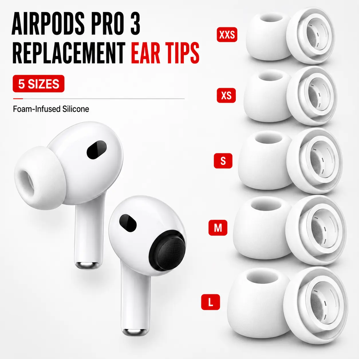 Foam-Infused Silicone Ear Tips for AirPods Pro 3, 3 Pairs Replacement Earbuds Tips, Soft Comfort Fit, Secure Seal, Dust Guard Screen, Fits Charging Case