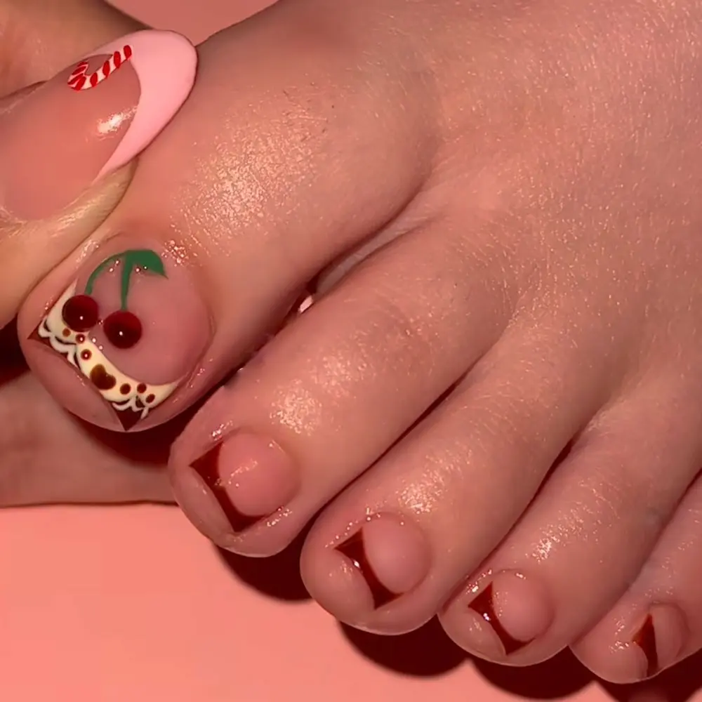 Cute Cherry French Toe Nail Stickers, Short Square False Toenails, 36 Pcs, Nail Art Decoration, Nail Designs, Decorative Nails, Perfect for Summer Beach Vacation, Daily Wear Manicure Stickers