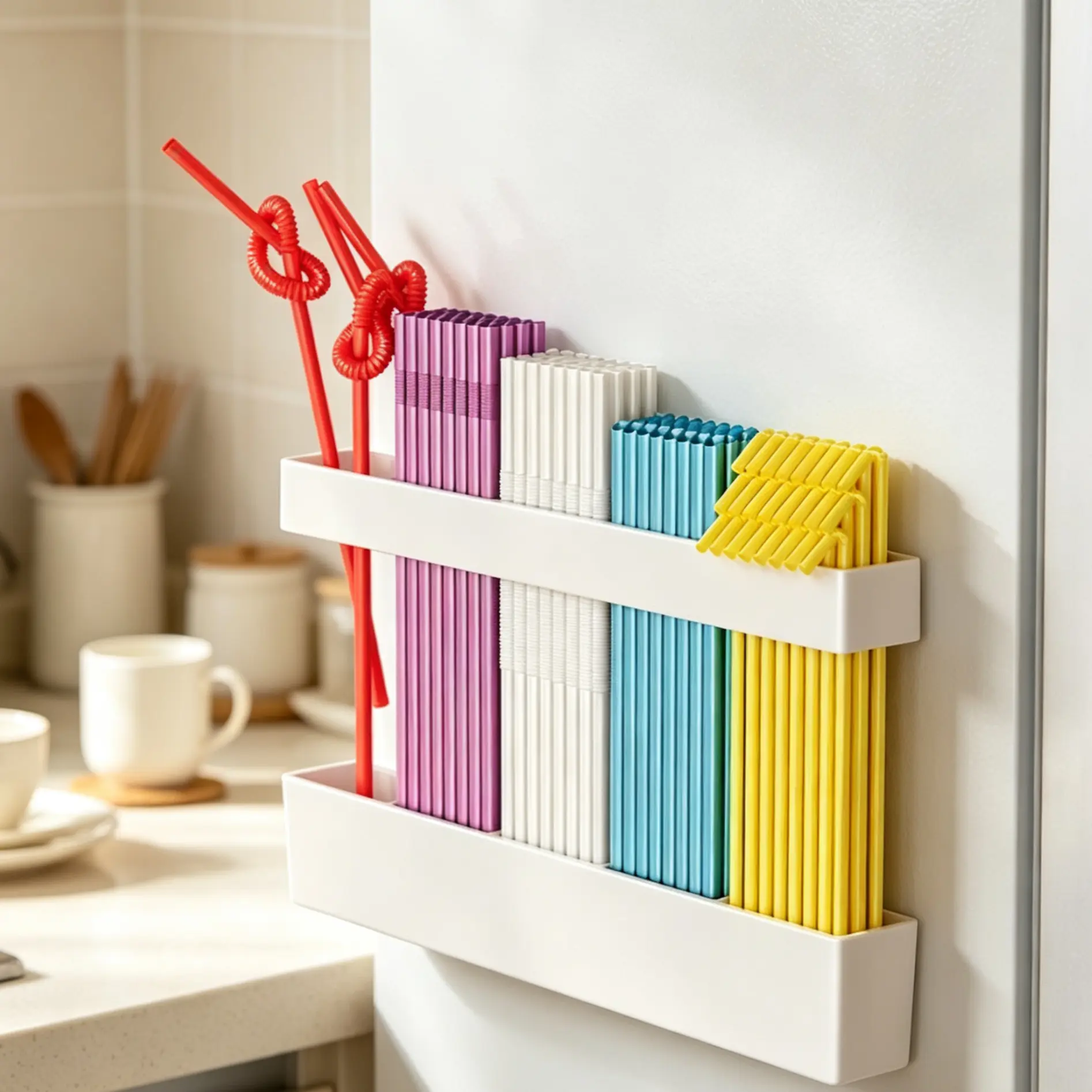 Large Capacity Acrylic Wall-Mount Straw Storage Holder, Multifunctional Organizer for Straws, Spoons, Brushes, Space-Saving Rack for Kitchen Cabinets & Counters
