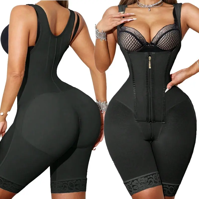 Double Layer Powernet Compression Bodysuit Shapewear For Women, Wide Adjustable Straps Front Zipper Inner Hooks Tummy Hip Thigh Sculpting Garment, Lace Anti Slip Hem Zipper Crotch Open Design For Postpartum Wedding Daily Wear Black Coffee Colors
